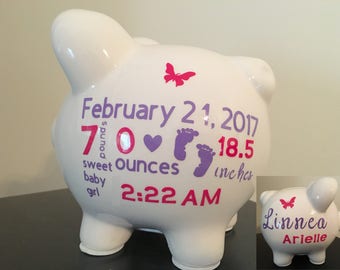 Custom Piggy Bank with Baby Stats (Medium), Personalized Piggy Bank with Baby Stats, New Baby Gift, Baby Boy, Baby Girl, Nursery Gift