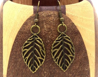 Bronze leaf, antique bronze leaf clip earrings