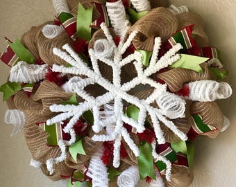 Snowflake Wreath/Christmas Wreath/Winter Wreath/Rustic Wreath/Winter Deco Mesh Wreath