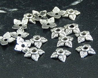 10 Silver Flower bead caps