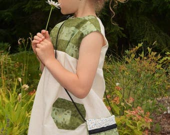 Children's dress beige and green sleeveless (with matching purse)