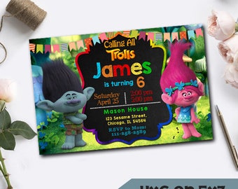 Trolls Birthday, Trolls Birthday Invitations, Trolls Invitations, Trolls Birthday Party, Trolls Invitation Digital