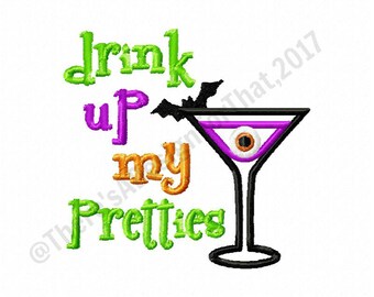 Halloween embroidery design, witch embroidery design, drink up embroidery design, martini glass embroidery design