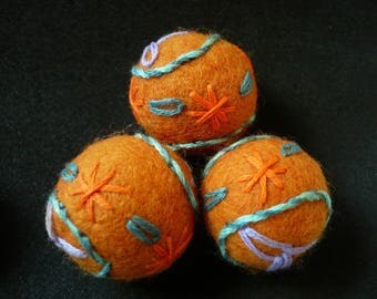 orange felted wool beads, embroidered,