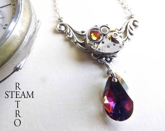 Rococo inspired Steampunk necklace - Steampunk jewelry - gift box - Swarovski volcano Crystal Necklace - Christmas gift