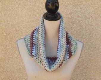Multicolored crocheted Snood (Almond green, beige, pinkish, blueish grey and Brown)