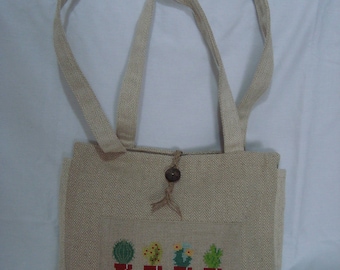embroidered linen chevron handbag pattern plants - OOAK