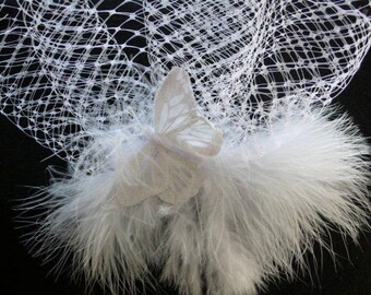 Wedding Fascinator with french netting, ostrich feathers and butterfly