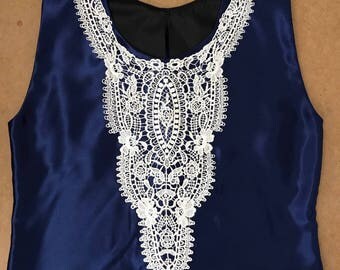 Navy blue embroided applique blouse