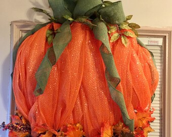 Fall Pumpkin Deco Mesh and Burlap Wreath