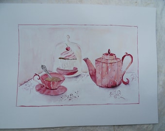 original watercolor: tea and cupcake