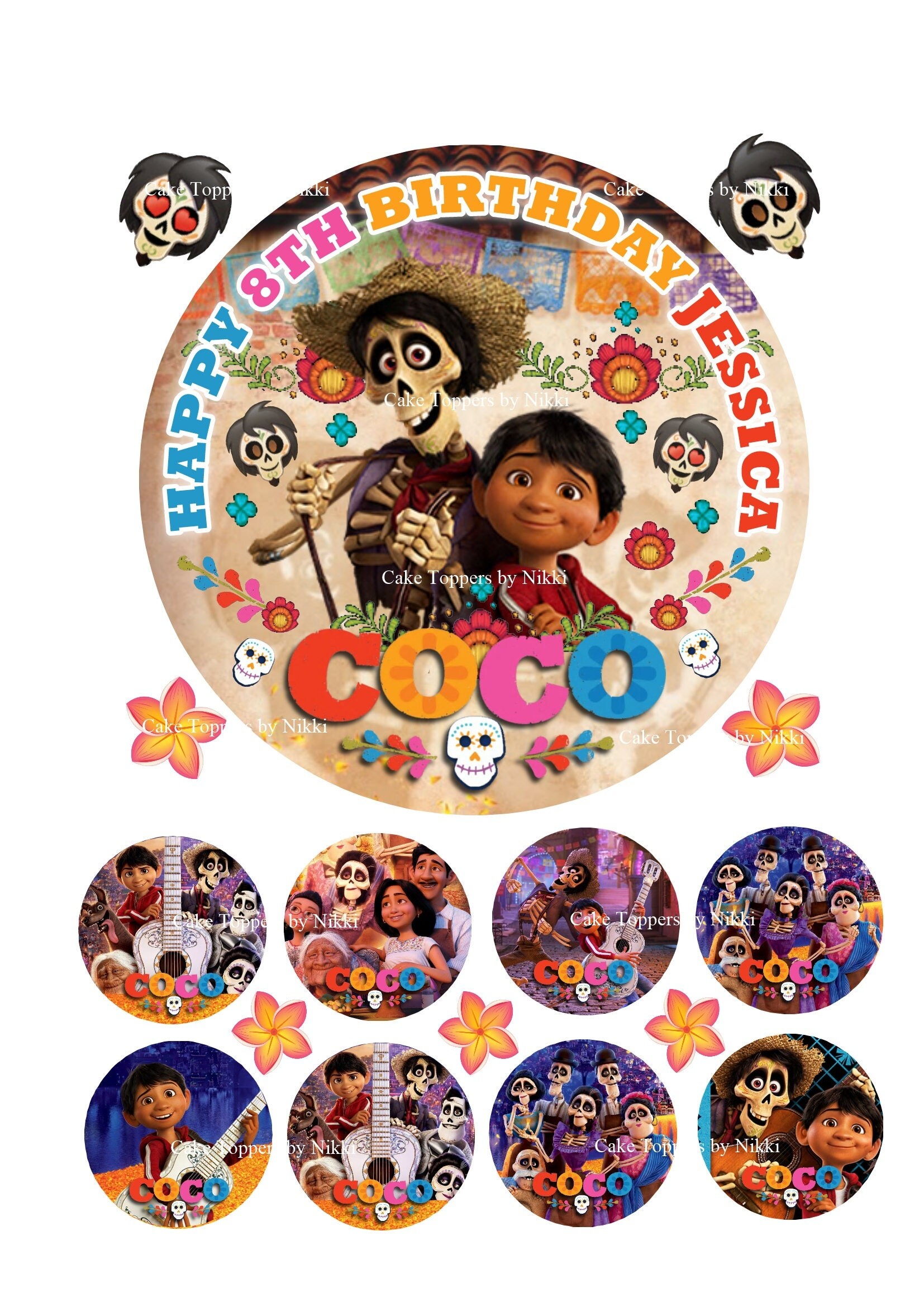 New **Precut** Icing Disney CoCo Personalised 15cm Cake Topper & 15 ...