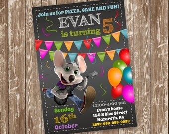 Chuck E Cheese Invitation, Chuck E Cheese Chalkboard Birthday Party Invite