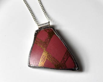 Broken China Jewelry Pendant - Red and Gold