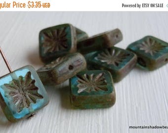 20% Summer SALE Czech Glass Beads 10mm Square Beads Aqua Picasso - 8 (G - 643)