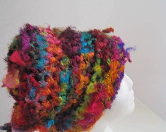 EARLY FALL SALE multi colored hat sari scrap hat wild hat crocheted hat handmade hat upcycled fabric hat "savauge"