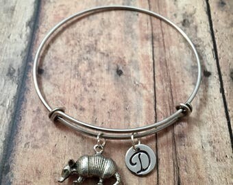 Armadillo initial bangle - armadillo jewelry, Texas jewelry, silver armadillo bracelet, Texas bracelet, animal bracelet, gift for Texan