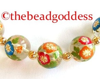 5 Beautiful Japanese TENSHA Beads MORNING GLORIES on Clear 12mm