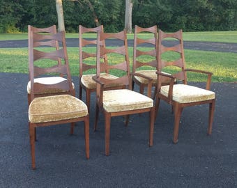 6 mid century modern walnut tall back dining chairs