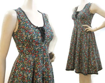 Vintage Gunne Sax Dress Ditzy Floral Prairie Hippie Summer Corset Lacing Sundress S