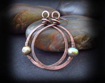 Rustic Copper Hoop Earrings - Hammered Copper Hoops - Wire Wrapped Hoops - Wire Wrapped Pearls on Handmade Copper Earwires - Gaia Hoops