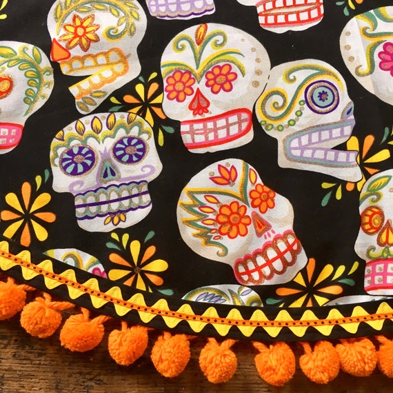 Day of the Dead Tablecloth Mexican Sugar Skulls Black Orange