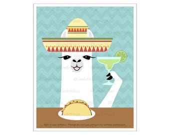 60J - Llama Art - Llama Eating Taco and Margarita Wall Art - Bar Art - Tequila Print - Cocktail Art Print - Taco Drawing - Food and Drink