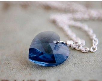 Crystal Necklace, Crystal Heart, Heart Pendant, Blue Crystal, Denim, Cornflower, Sterling Silver, Swarovski Crystal, Swarovski Heart