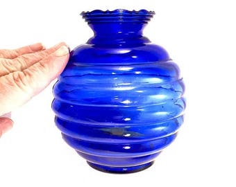 ON SALE cobalt blue glass vase ribbed pattern balloon vase antique deep blue glass