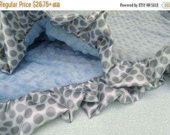 SALE Blue and Gray Minky Baby Blanket with Gray Polka Dot RuffleCan Be Personalized