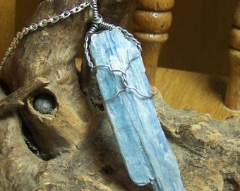 Blue Kyanite crystal blade - Stainless steel wire wrapped necklace pendant - large natural raw stone wrap - Brazil 2 inch blade - uo4i
