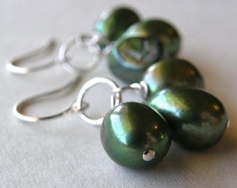 Summer Sale 20% Off Green Pearl Earrings, Dainty Green Drop Earrings, Petite Pearl Earrings