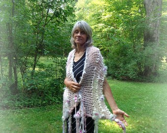 hand knit shawl art yarn gossamer enchanted forest faerie wrap - softest woodland dreamflower wrap