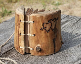 Rustic wood journal small wedding guest book with two hearts and arrow