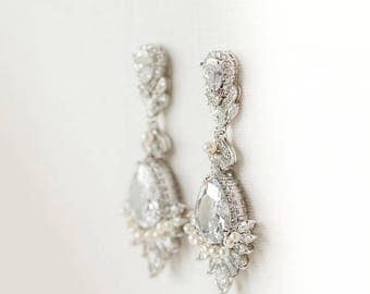 CZ Wedding Earrings, Bridal Earrings, Pearl Crystal Earrings, CZ Drop Earrings