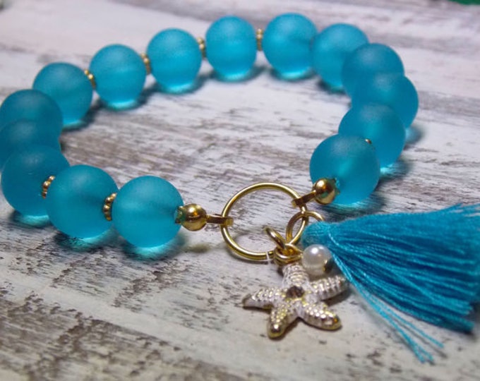 Recycled Sea Glass Tassel Bracelet Beachy Boho Starfish Charm Gold Stretch Bracelet Turquoise Pearl Jewelry