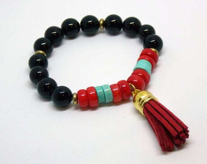Red Coral Black Onyx Gemstone Bracelet Suede Tassel Stretch Bracelet Turquoise Heishi Brass Beaded Stack Trendy Layering Bracelet