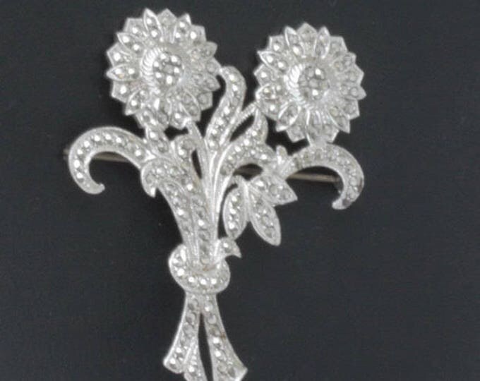 Marcasite Sterling Flower Brooch Double Blossoms Vintage