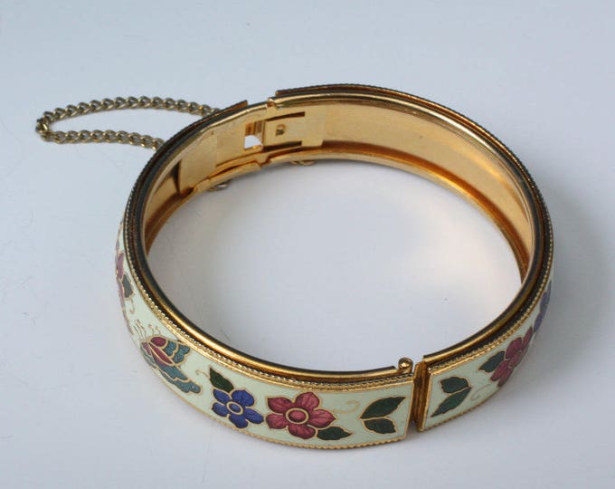 Butterflies and Flowers Enameled Bangle Bracelet Vintage