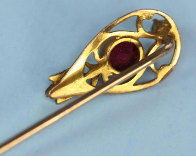10K Gold Stickpin Simulated Ruby and Seed Pearl Victorian Pin