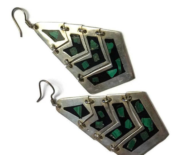 Malachite and Black Inlay Earrings Sterling Articulated Boho Dangle Taxco Mexico