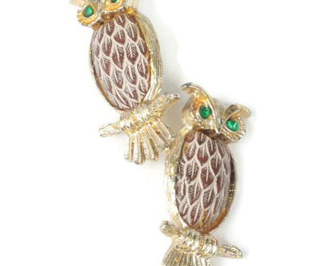 Pair of Owl Pins Brown Simulated Feathered Chest Green Rhinestone Eyes Smaller Size