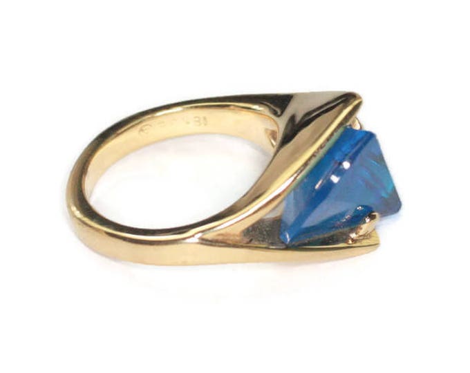 Blue Glass Statement Ring 18K GE Modernist Avant Garde Gold Tone Setting Size 8
