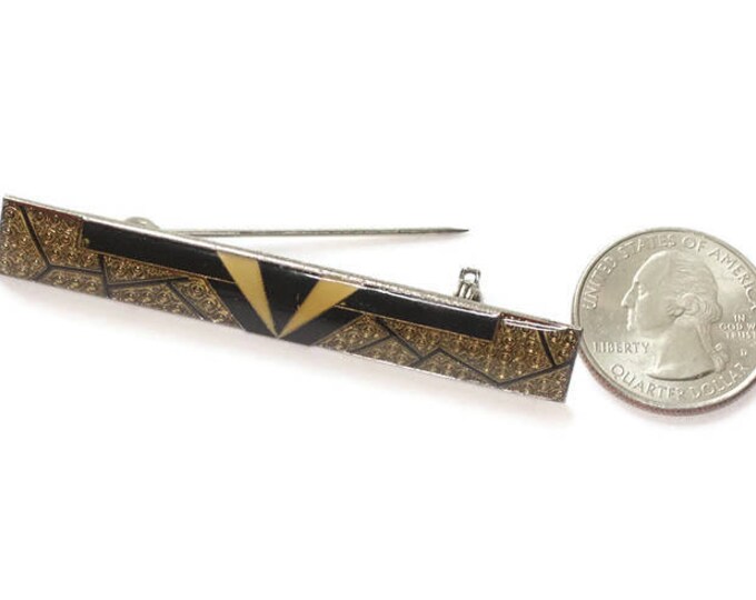 Art Deco Style Bar Pin Brooch Gold and Black Geometric Design Vintage