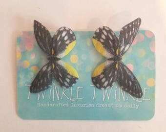 1 Pair "Oberon's Attendants" Silk Black White and Yellow Butterfly Hairclips