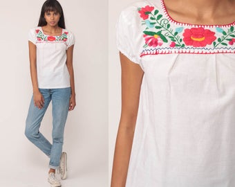 White Mexican Blouse Embroidered Top Hippie Boho Cotton Tunic Bohemian Floral Vintage Ethnic Smock Tent Shirt Puff Sleeve Extra Small xs