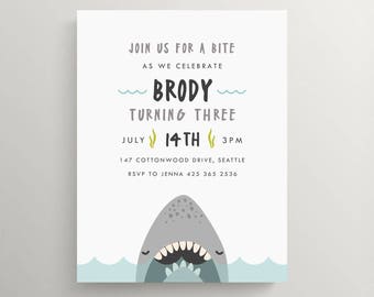 shark birthday invitation // kids birthday // pool party // beach // swimming party // shark party // note card // jaws // summer // fish