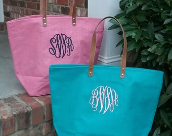 Personalized Monogrammed Large Jute Tote Bag with Leather Handles - Monogram Jute Bag - Lots of Colors! Bridesmaid or Wedding Party Gift