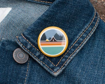 CAMPING PINBACK BUTTON : Backpack Pins, Wilderness Buttons, Explorer Buttons, Adventure Pinback, Backpack Pinback, Backpack Buttons, Outdoor