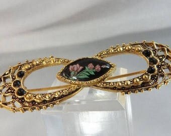 SALE Victorian Revival Vintage Bar Pin. Gold Tone. Black Cloisonne Roses.